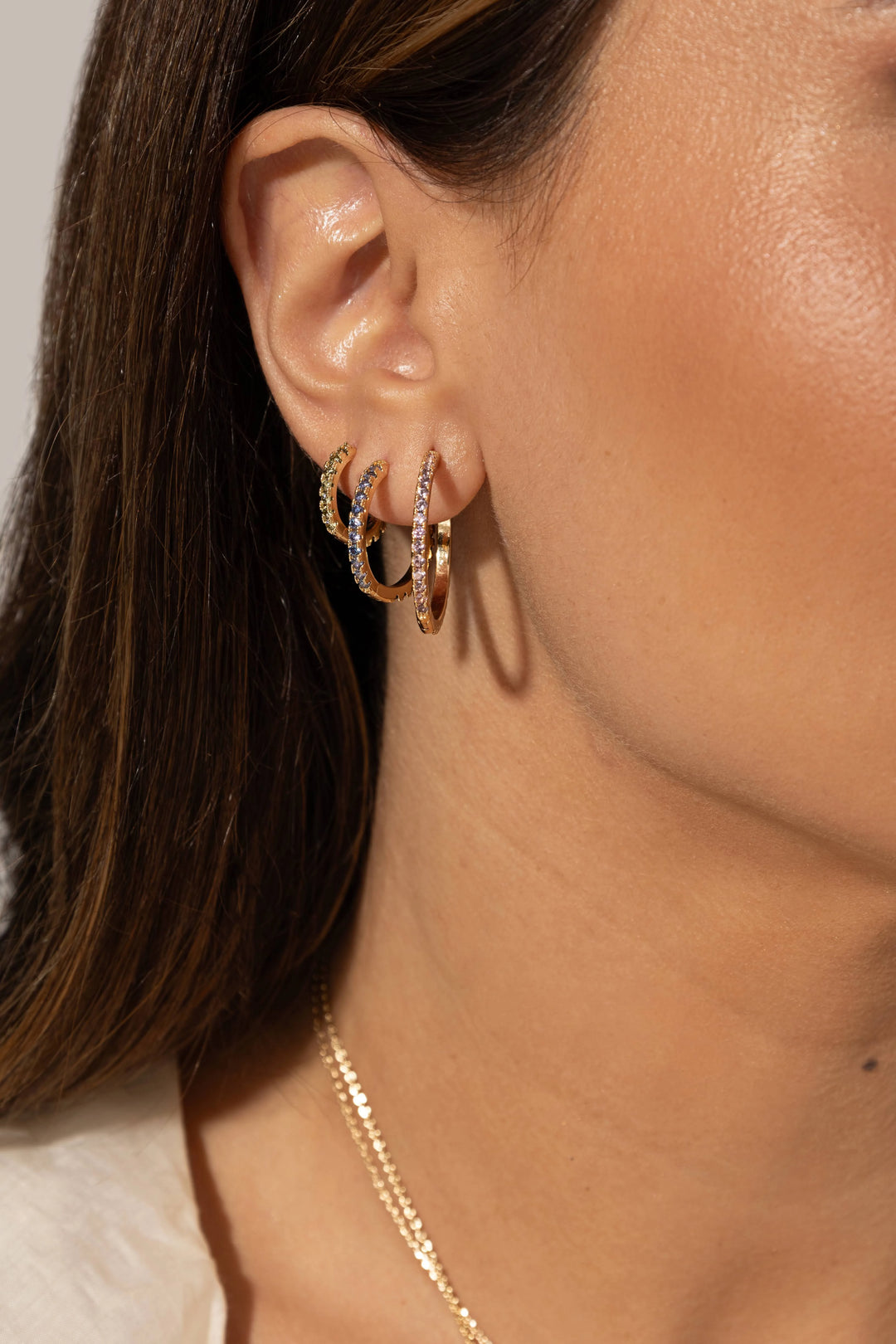 Bright Trio Zirconia Hoop Earrings, 18k Gold Filled
