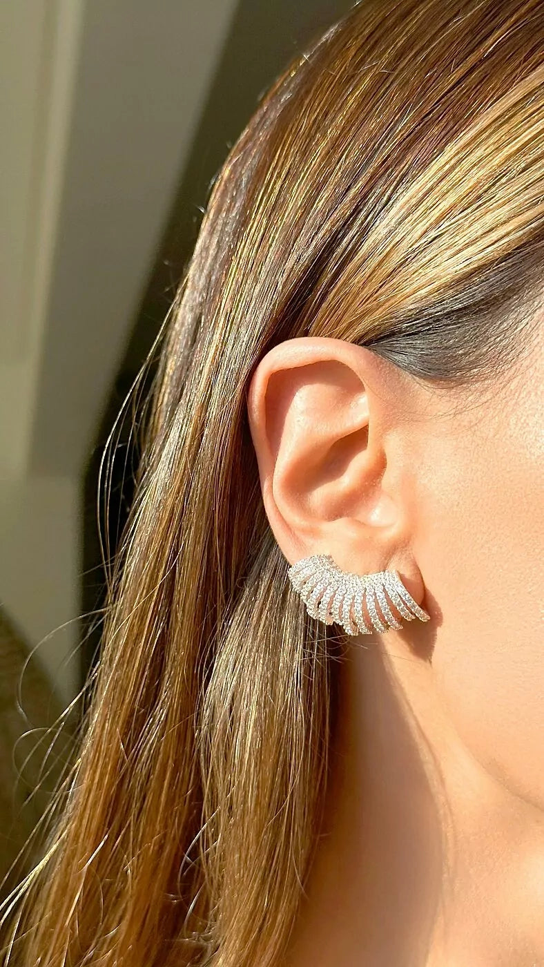 Bright Wave White Cubic Zirconia Ear Cuff Earrings, Silver Plated