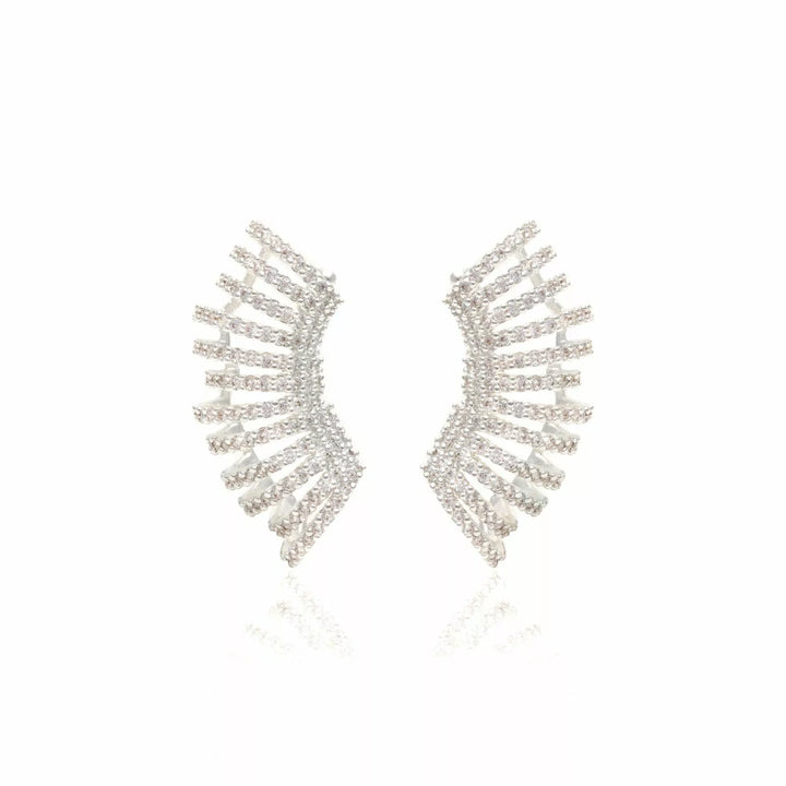 Bright Wave White Cubic Zirconia Ear Cuff Earrings, Silver Plated