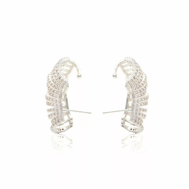 Bright Wave White Cubic Zirconia Ear Cuff Earrings, Silver Plated
