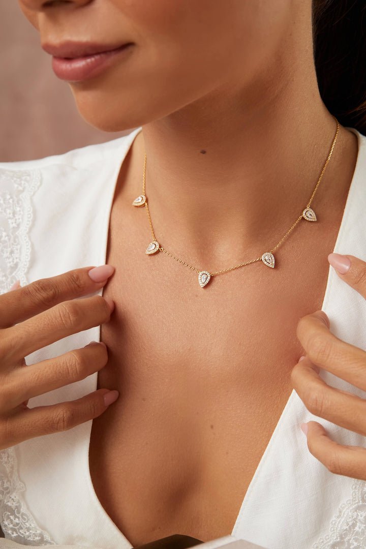 Bright White Cubic Zirconia Drops Necklace 45cm, 18k Gold Plated