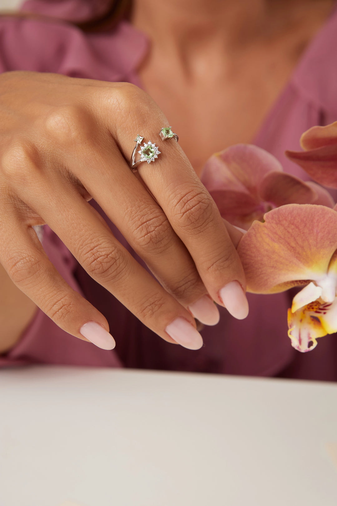 Bright Beryl Square Open Ring with White Cubic Zirconia, Rhodium Plated