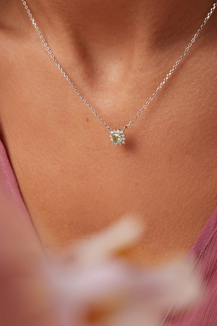 Bright Beryl Square with White Cubic Zirconia Necklace, Rhodium Plated