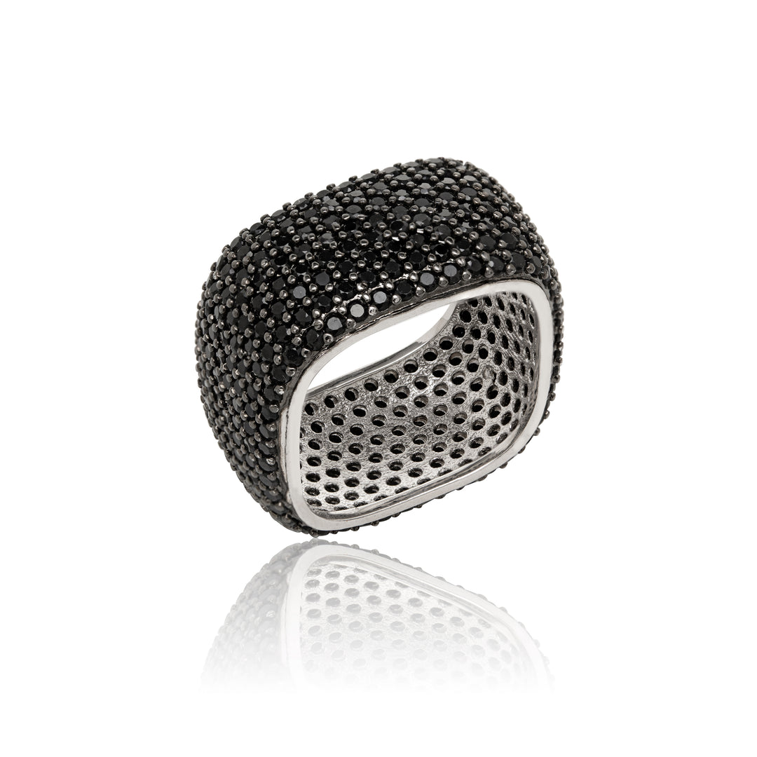 Bright Black CZ 8-Row Square Band Ring, Rhodium Plated