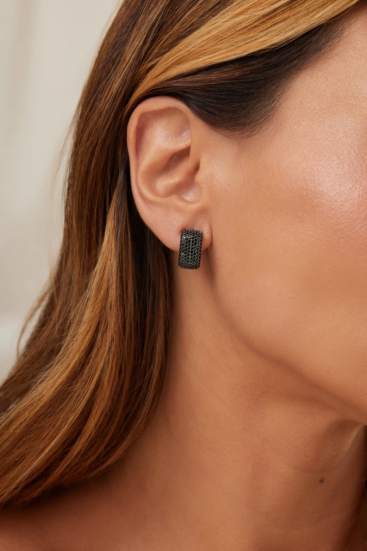 Bright Black CZ 8-Row Square Hoops Earrings 25mm, Rhodium Plated