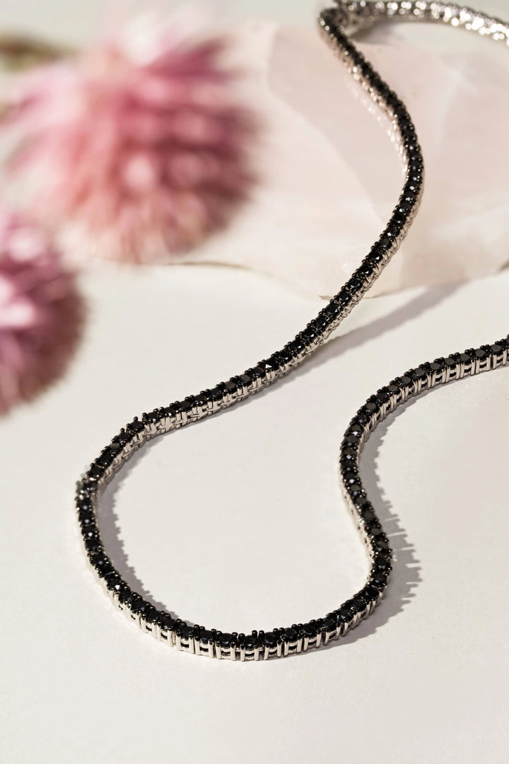 Bright Black Zirconia Tennis Necklace, Rhodium Plated