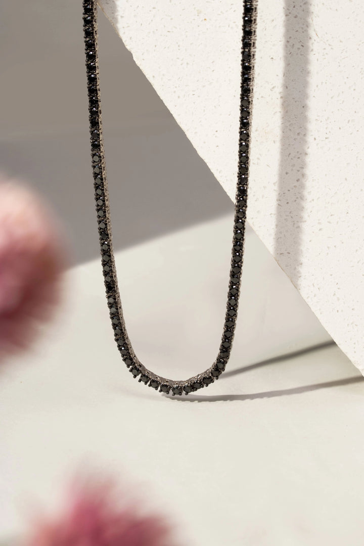 Bright Black Zirconia Tennis Necklace, Rhodium Plated