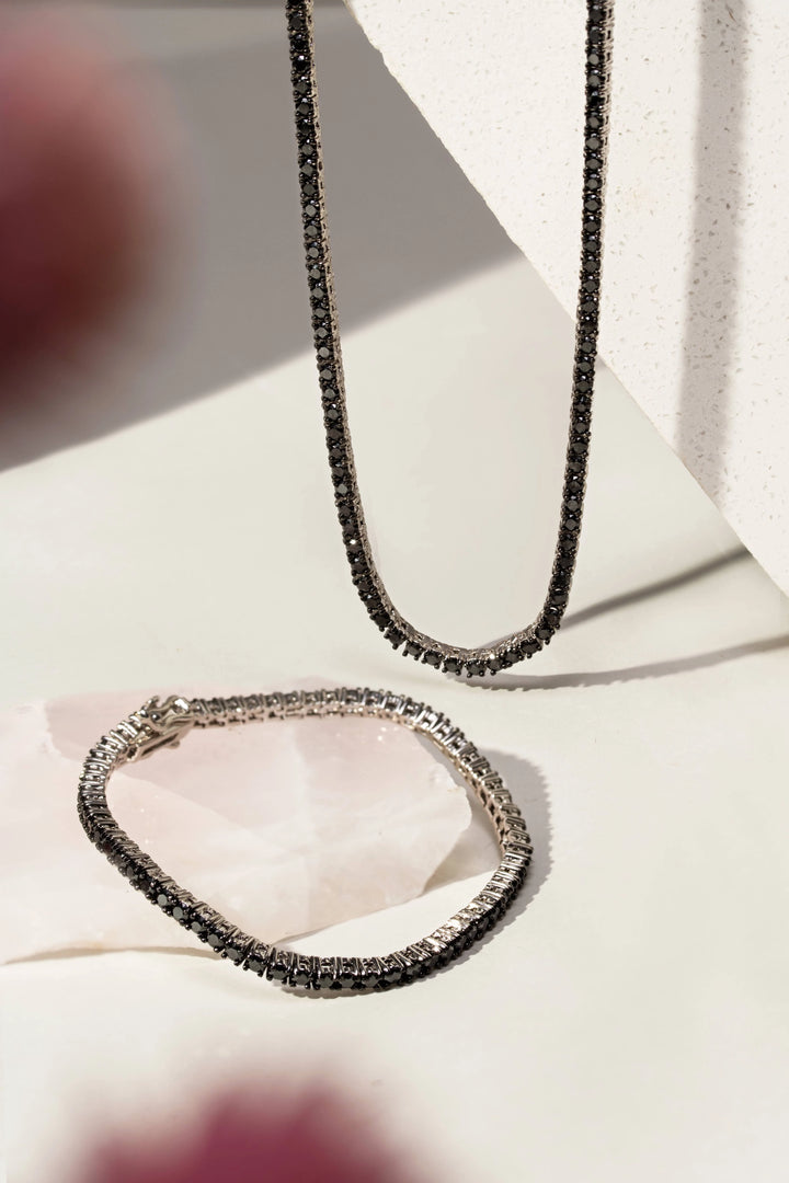 Bright Black Zirconia Tennis Necklace, Rhodium Plated