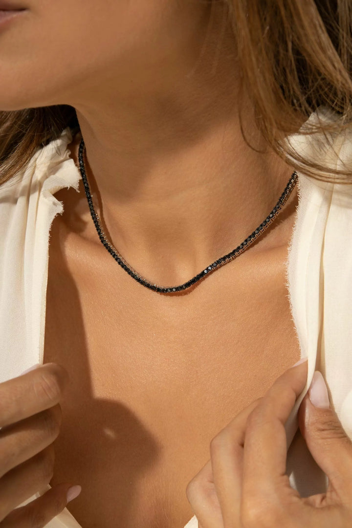 Bright Black Zirconia Tennis Necklace, Rhodium Plated