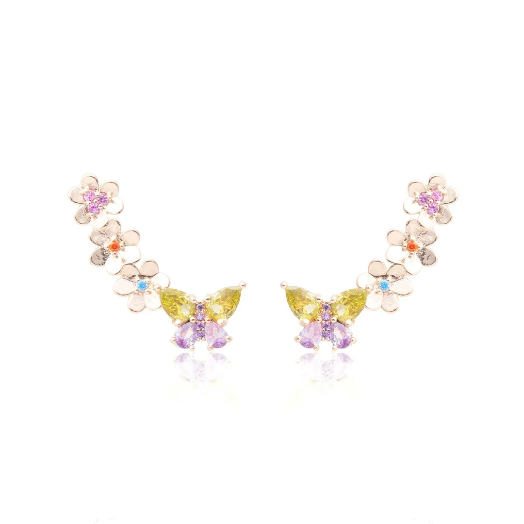Bright Butterfly & Flowers Ear Cuff Earrings,18k Gold Filled