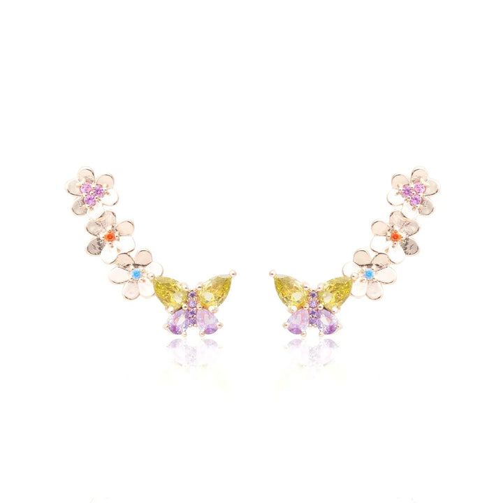 Bright Butterfly & Flowers Ear Cuff Earrings,18k Gold Filled