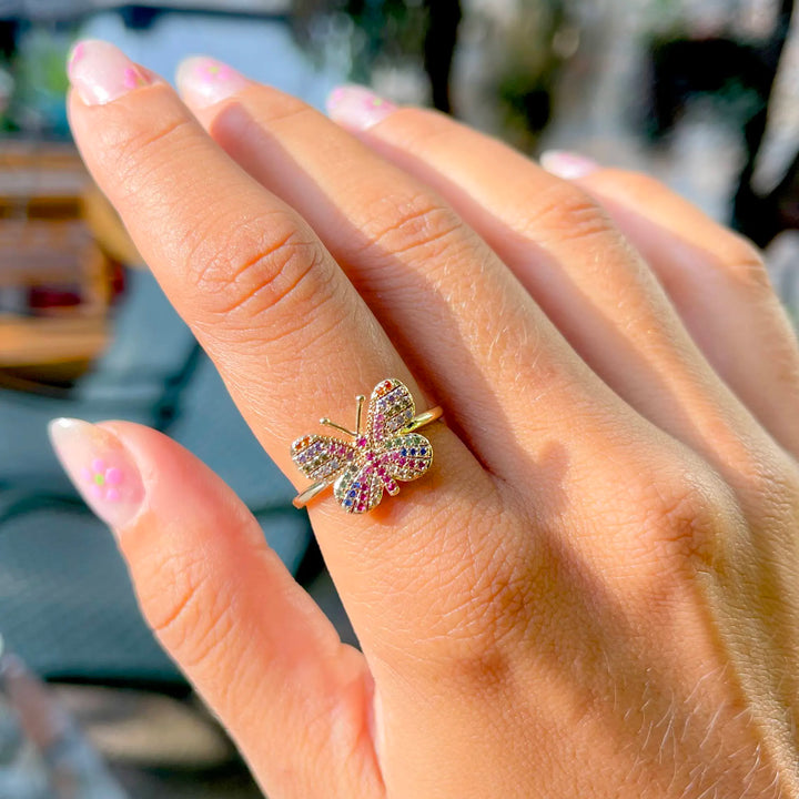 Bright Butterfly Multicolour CZ Ring, 18k Gold Filled