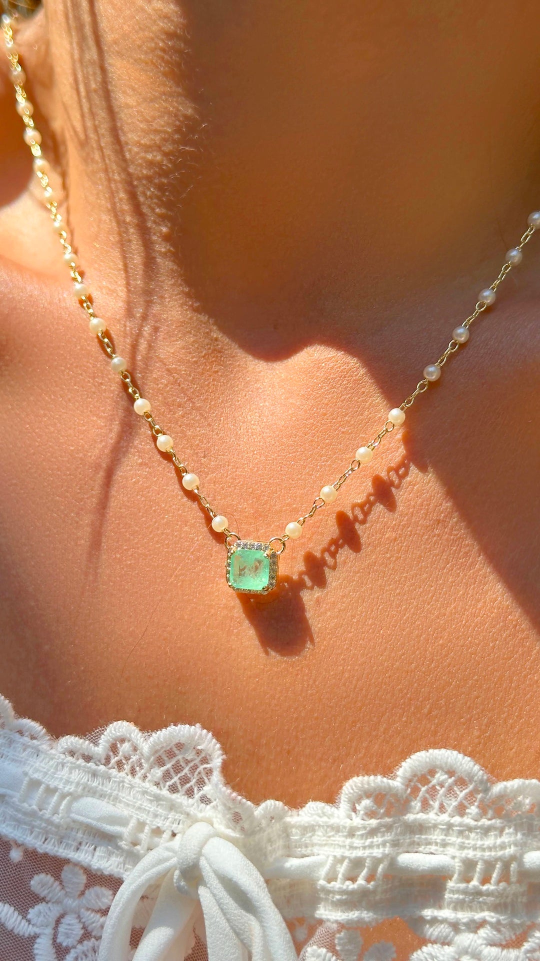 Bright Colombian Emerald Fusion & Pearl Scapular Necklace 64cm, 18k Gold Filled