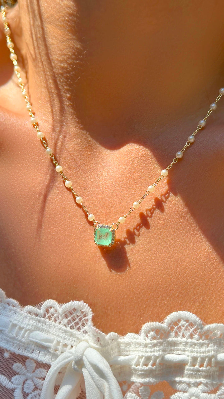 Bright Colombian Emerald Fusion & Pearl Scapular Necklace 64cm, 18k Gold Filled