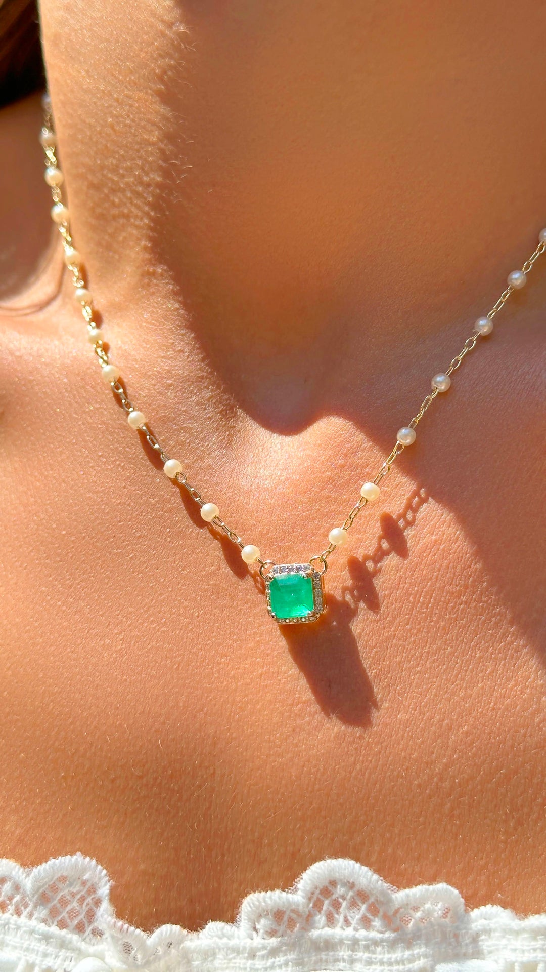 Bright Colombian Emerald Fusion & Pearl Scapular Necklace 64cm, 18k Gold Filled