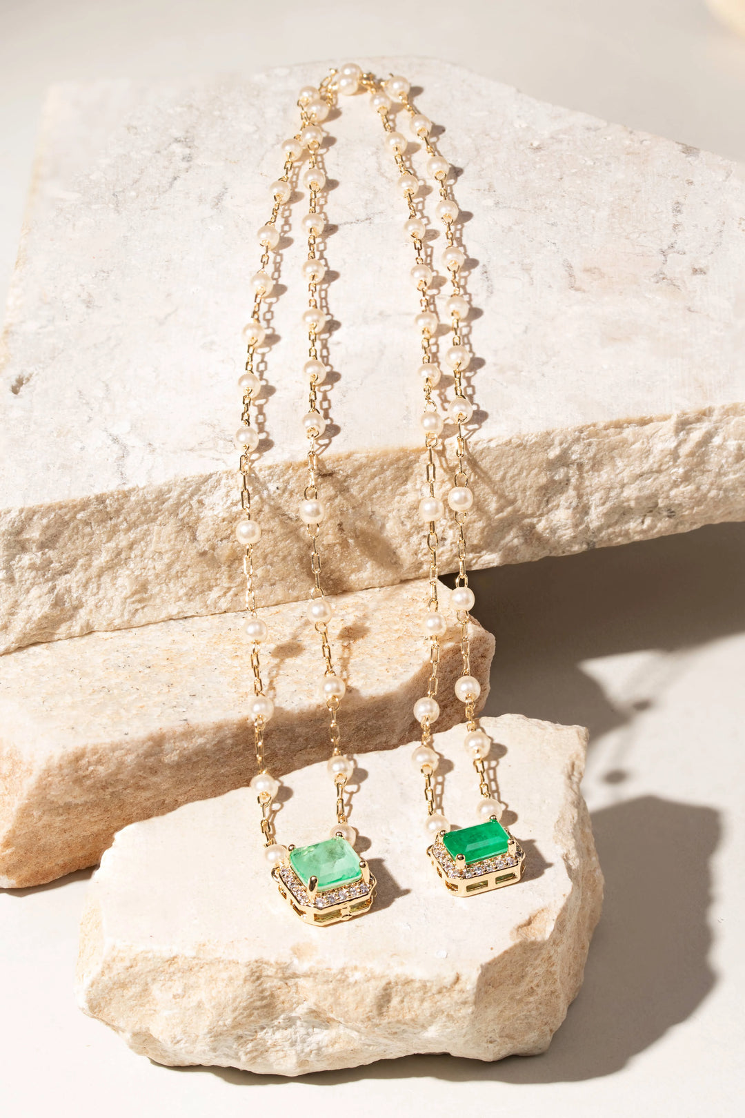 Bright Colombian Emerald Fusion & Pearl Scapular Necklace 64cm, 18k Gold Filled