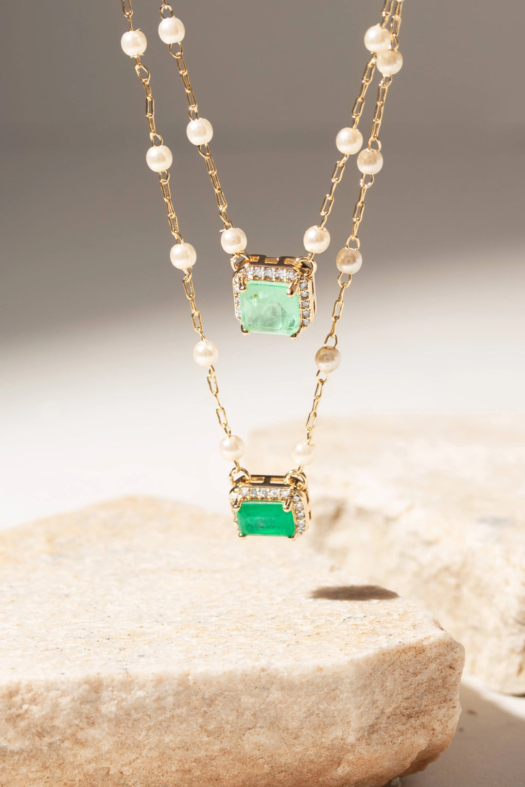 Bright Colombian Emerald Fusion & Pearl Scapular Necklace 64cm, 18k Gold Filled