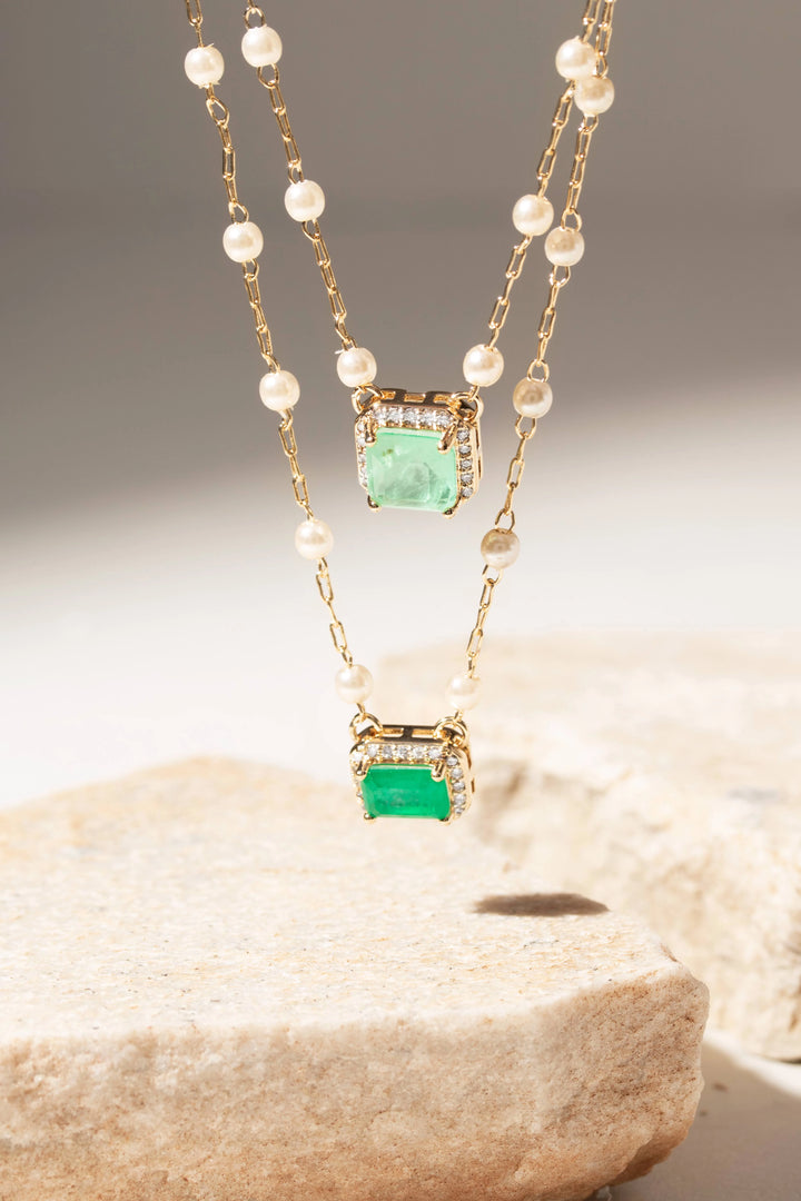 Bright Colombian Emerald Fusion & Pearl Scapular Necklace 64cm, 18k Gold Filled