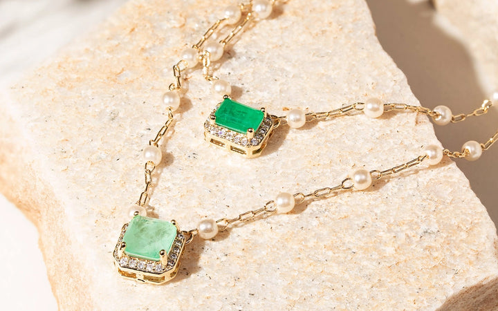Bright Colombian Emerald Fusion & Pearl Scapular Necklace 64cm, 18k Gold Filled
