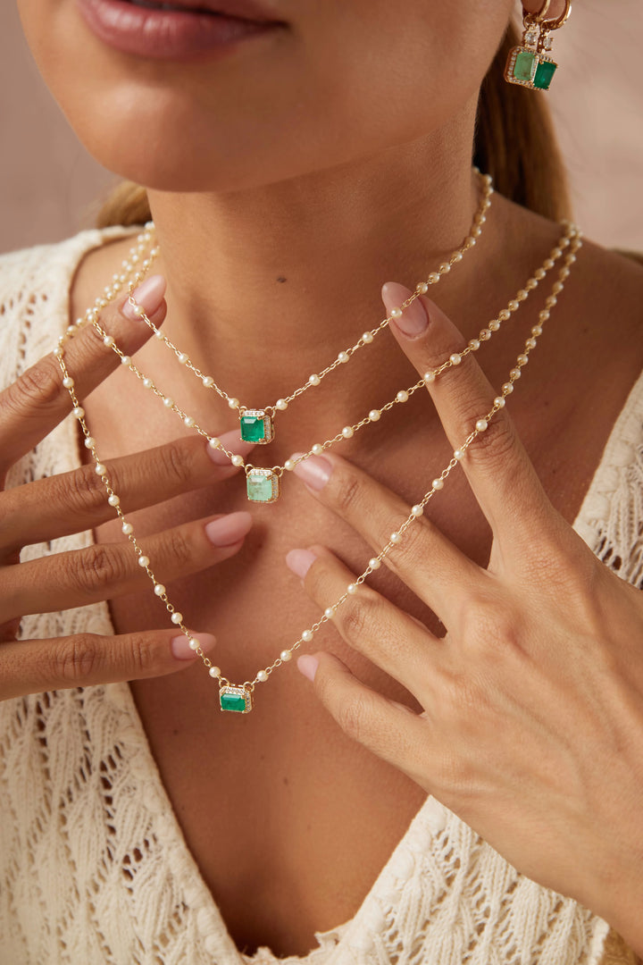 Bright Colombian Emerald Fusion & Pearl Scapular Necklace 64cm, 18k Gold Filled