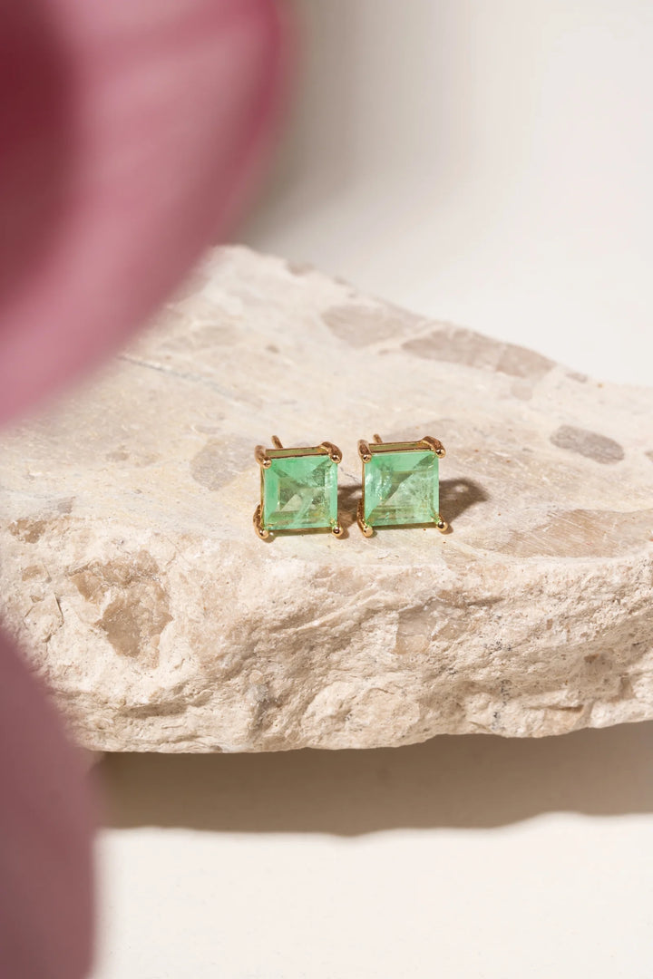 Bright Colombian Emerald Fusion Square Stud Earrings, 18k Gold Filled