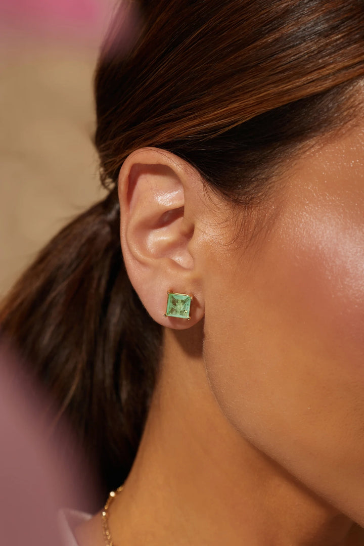 Bright Colombian Emerald Fusion Square Stud Earrings, 18k Gold Filled