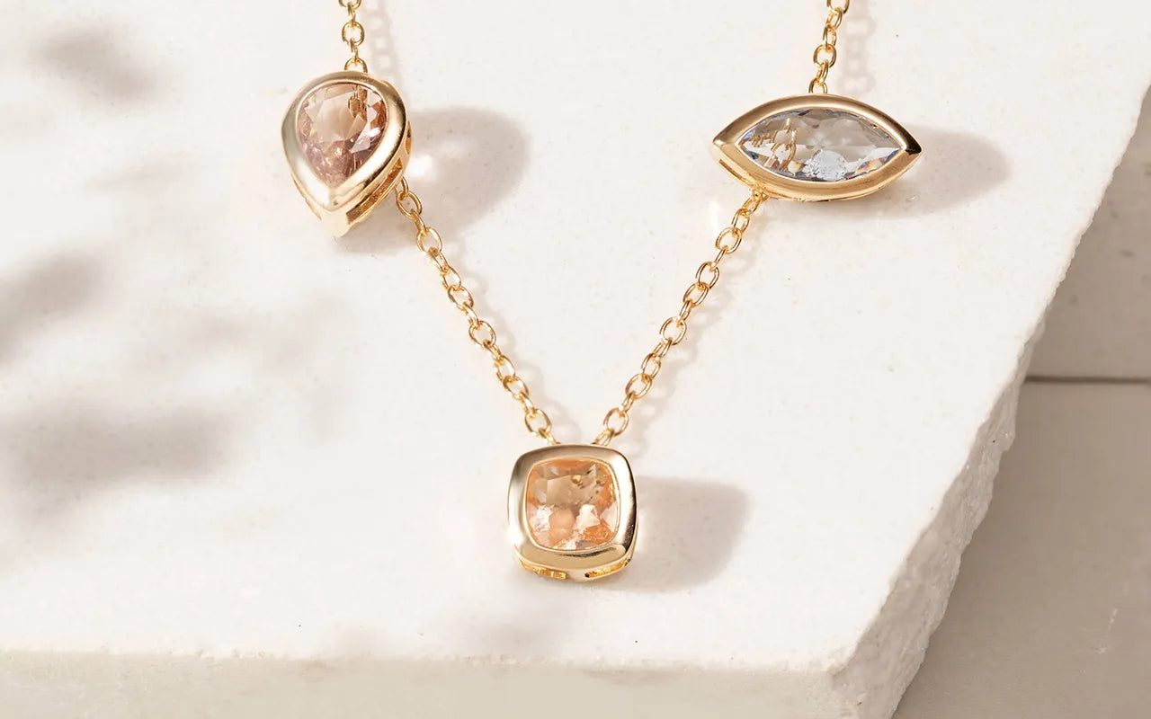 Shapes Pendant Necklace with smoked topaz, tanzanite and morganite crystals, 18k gold filled Elladora Australia