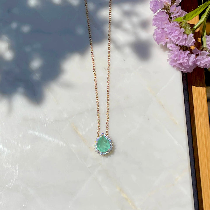 Bright Drop Colombian Emerald Fusion Necklace & White Zirconia, 18k Gold Filled