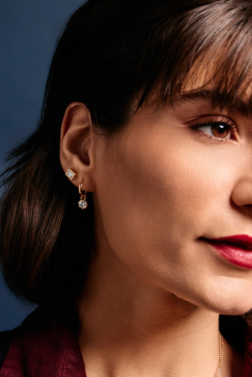 Bright Faceted Square Moissanite Stud Earrings, 925 Sterling Silver & Gold