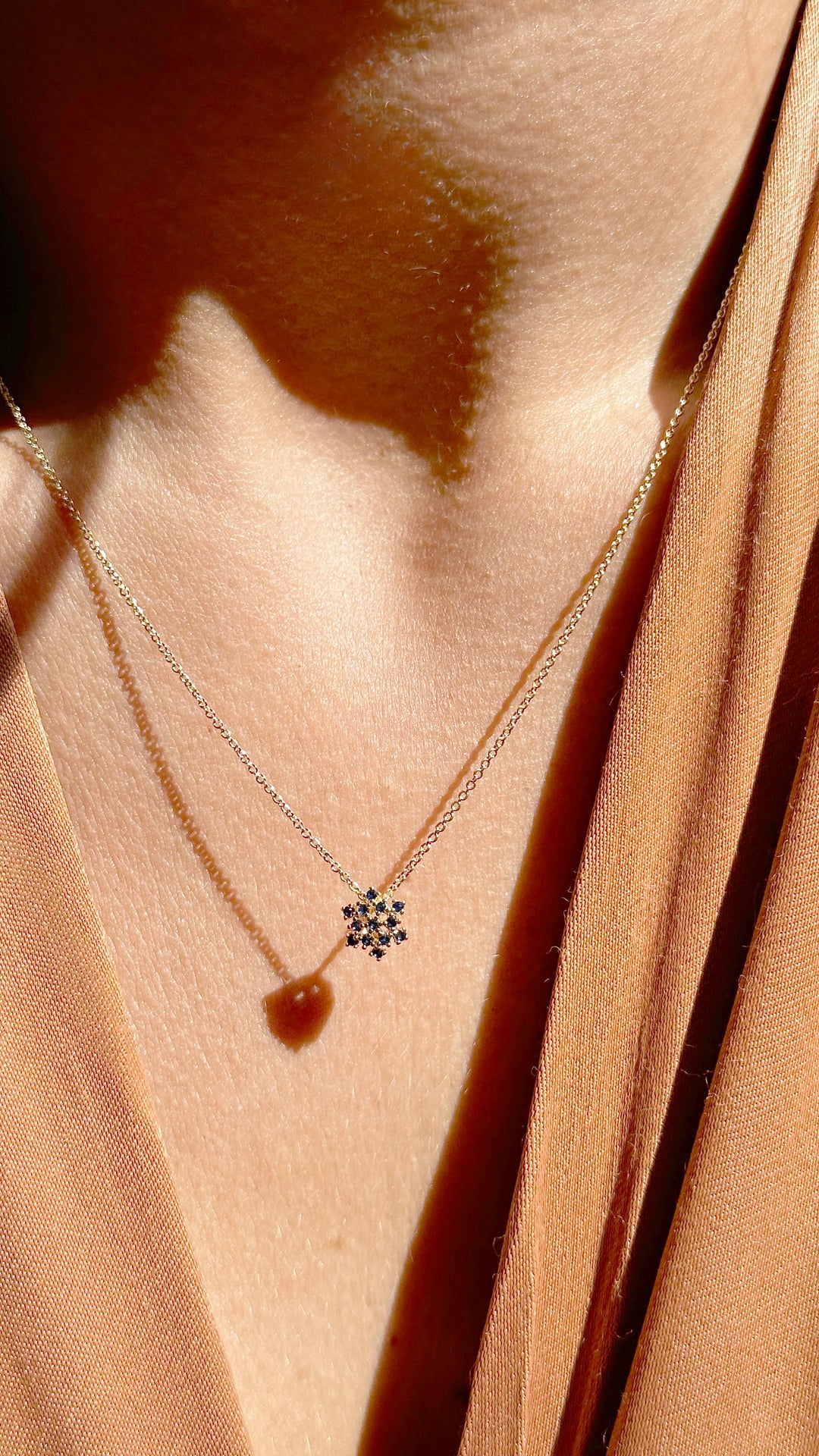 Woman wear Bright flake dark blue cubic zirconia pendant necklace 18k gold filled on copper Elladora Store Australia