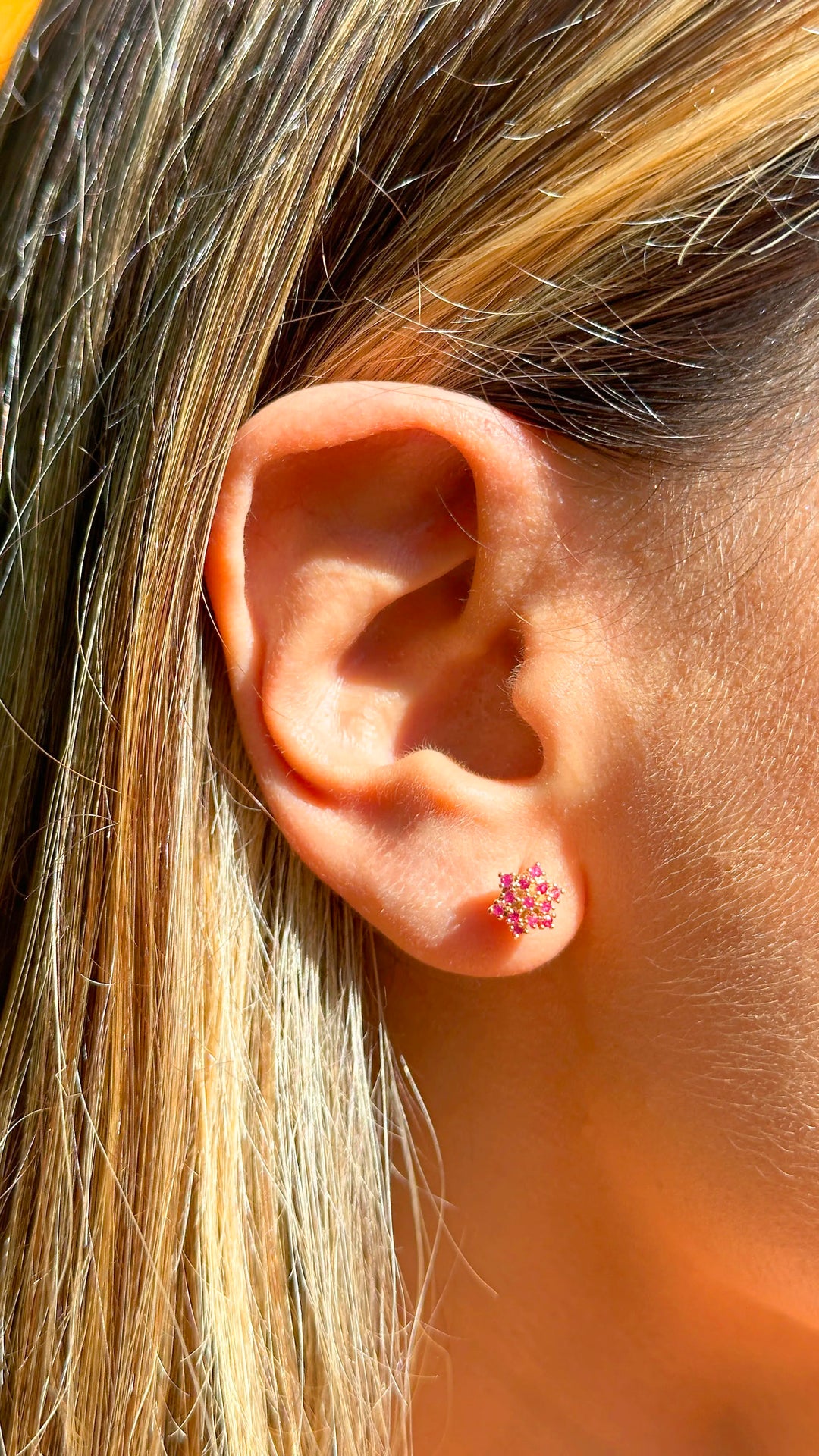 Woman wear Bright Flake with Red Cubic Zirconia stud earrings 18k Gold Filled, Elladora Store Australia 