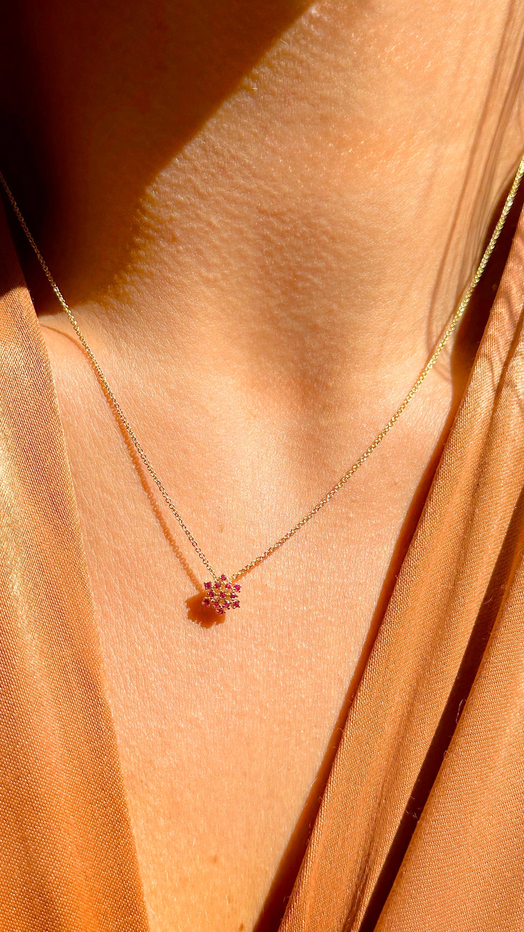 Woman wear Bright Flake with Red Cubic Zirconia pendant necklace 18k Gold Filled, Elladora Store Australia 