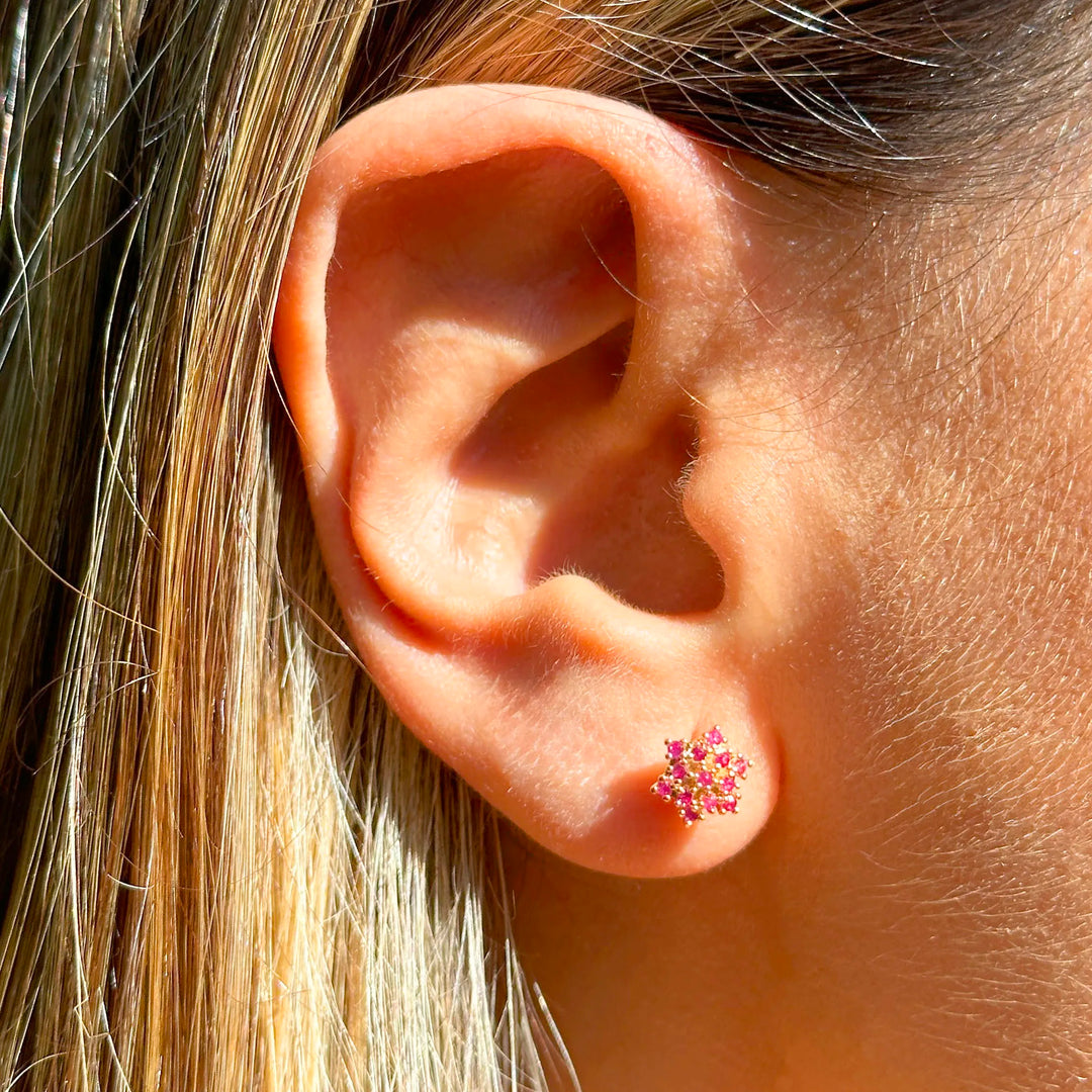 Woman wear Bright Flake with Red Cubic Zirconia stud earrings 18k Gold Filled, Elladora Store Australia 