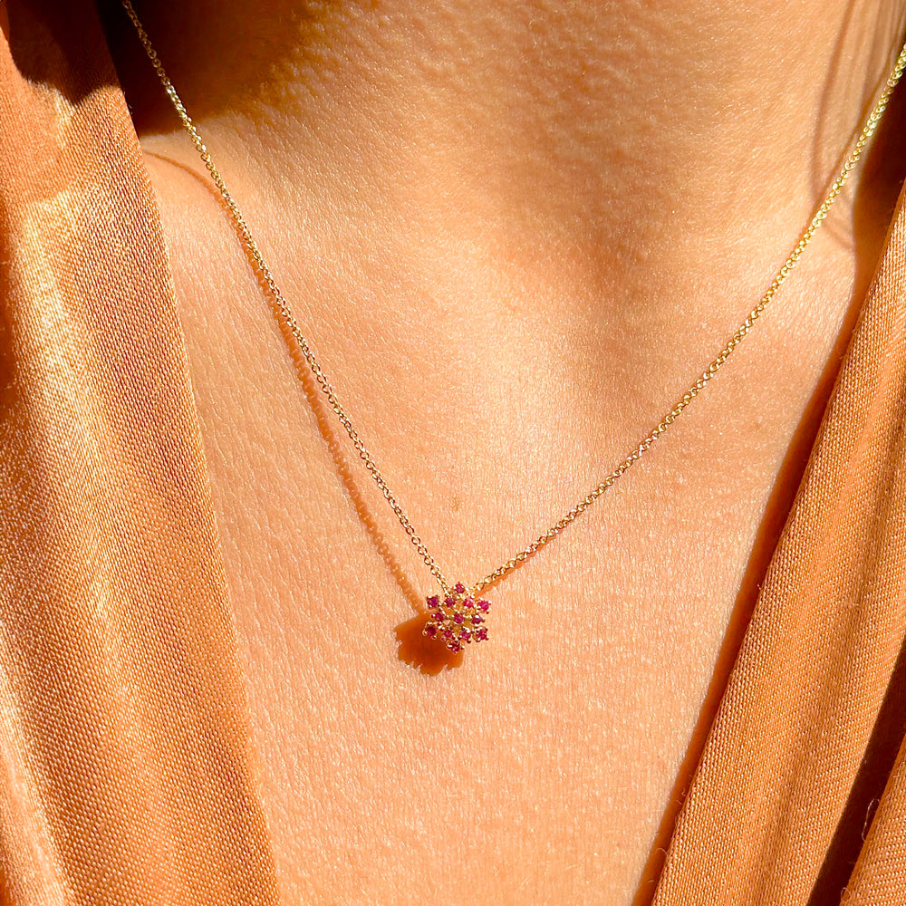 Woman wear Bright Flake with Red Cubic Zirconia pendant necklace 18k Gold Filled, Elladora Store Australia 