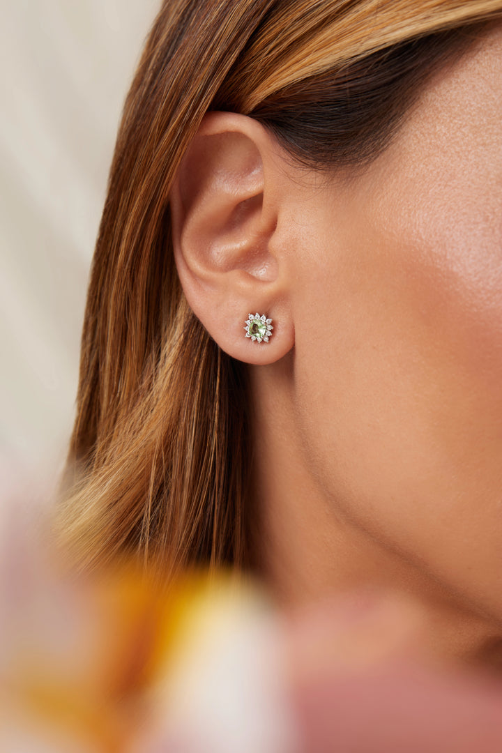 Bright Green Beryl Square Stud Earrings with White Cubic Zirconia, Rhodium Plated