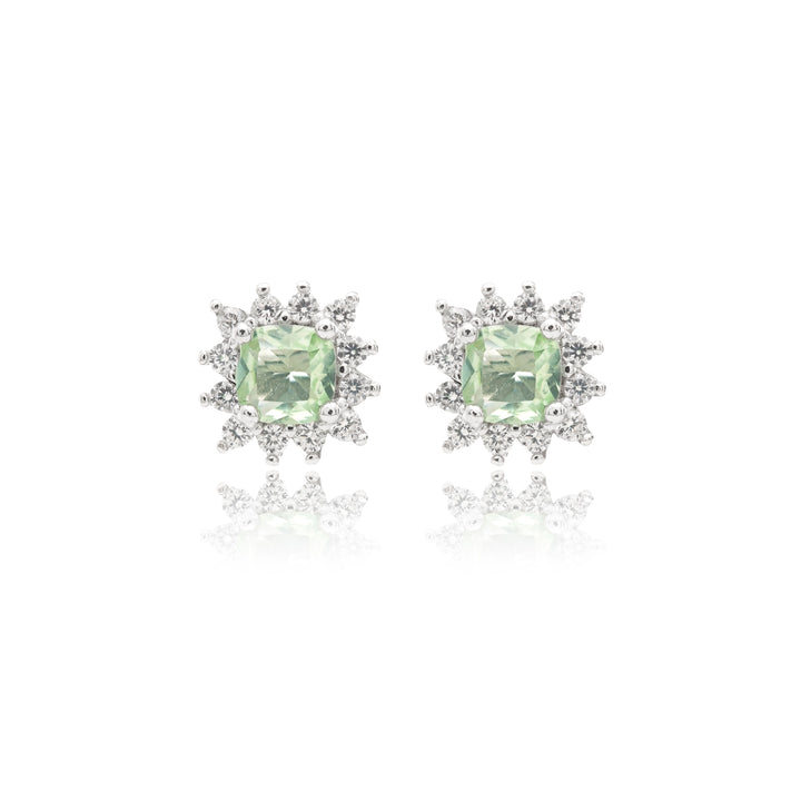 Bright Green Beryl Square Stud Earrings with White Cubic Zirconia, Rhodium Plated