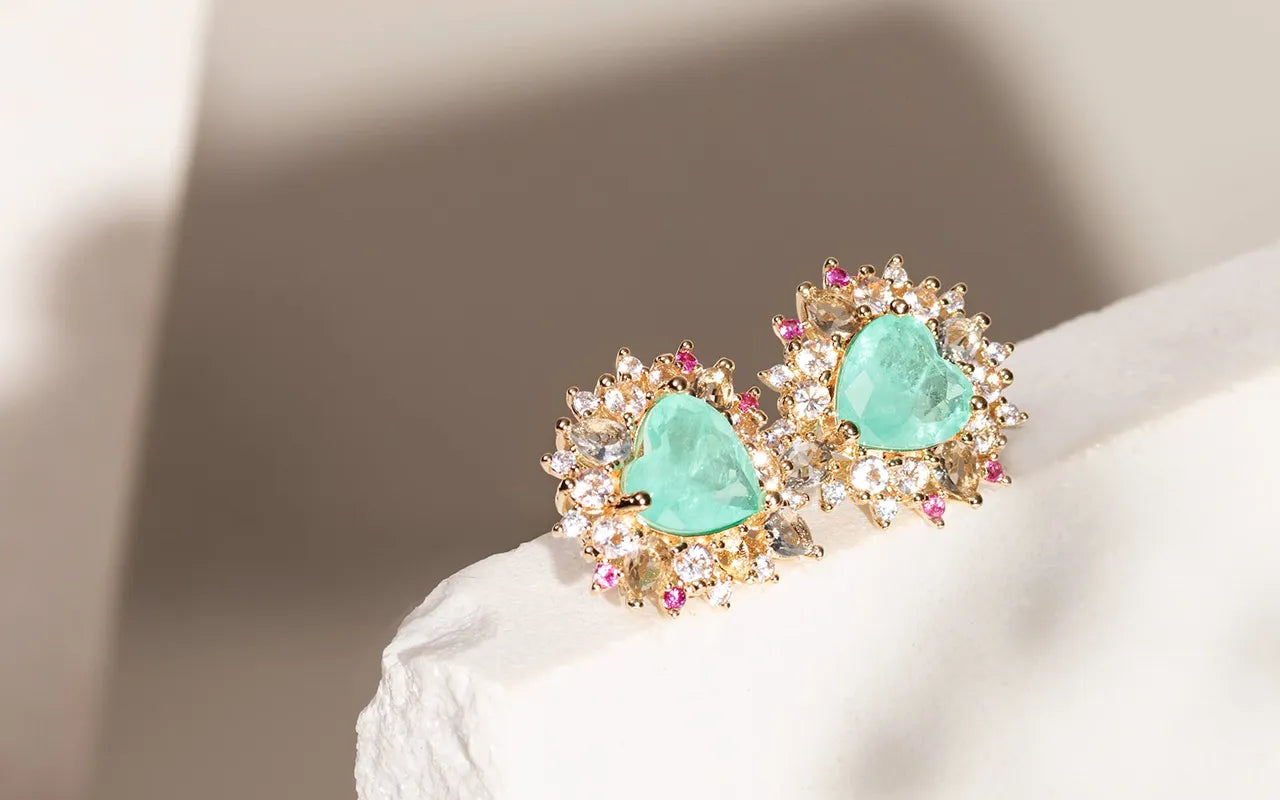 Heart Colombian emerald statement earrings with white zirconia and ruby crystal 18k gold filled Elladora Store Australia 