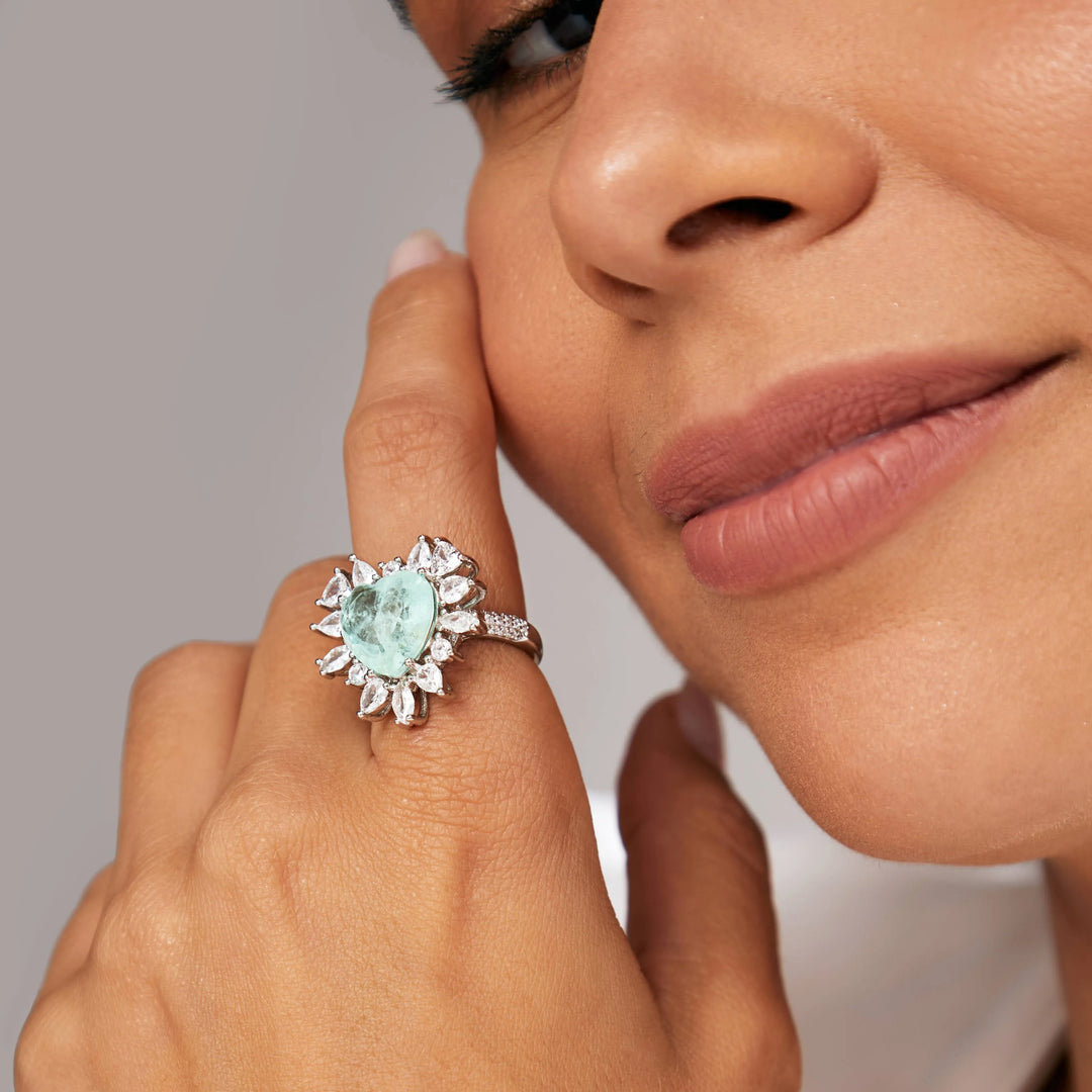 Bright Heart Colombian Emerald Fusion Ring, Rhodium Plated