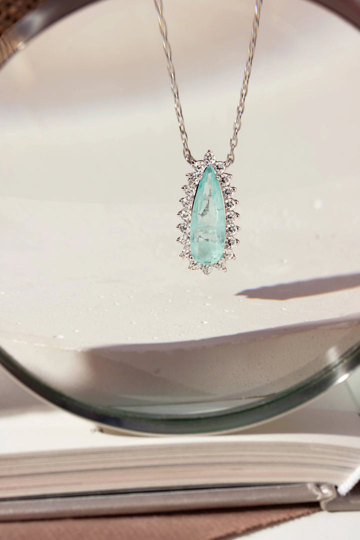 Bright Long Teardrop Light Blue Tourmaline Fusion Pendant Necklace 45cm, 925 Sterling Silver