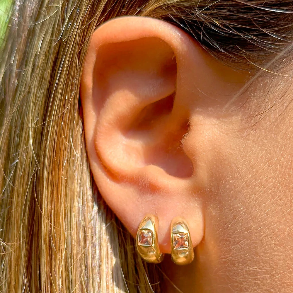 Bright Modern Rose Quartz Hoop Earrings, 18k Gold Filled