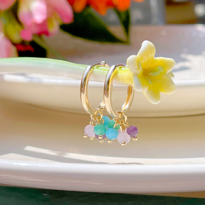 Bright Modern Turquoise Crystal Hoops Earrings, 18k Gold Filled
