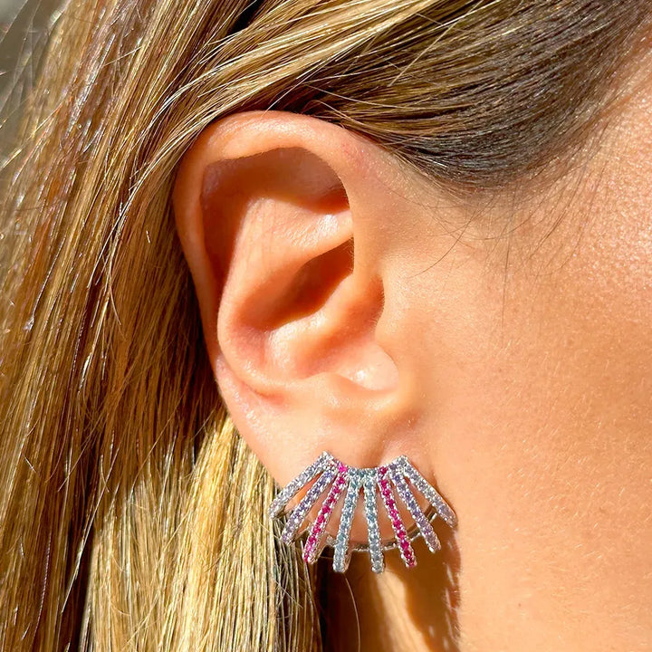 Bright Multicolour Cubic Zirconia Ear Cuff Earring, Rhodium Plated