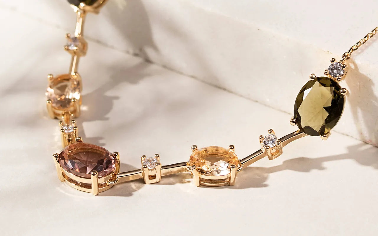 Oval Morganite, peridot ,rhodolite necklace with  white zirconia 18k gold filled Elladora Store Australia