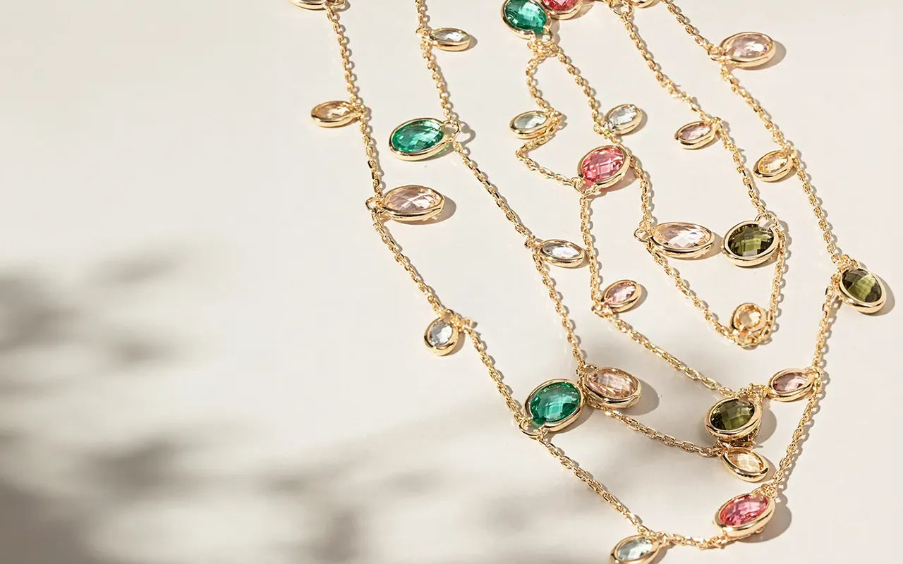 Bright Oval Multicolour Crystals Long Necklace, 18k Gold Filled Elladora Store Australia