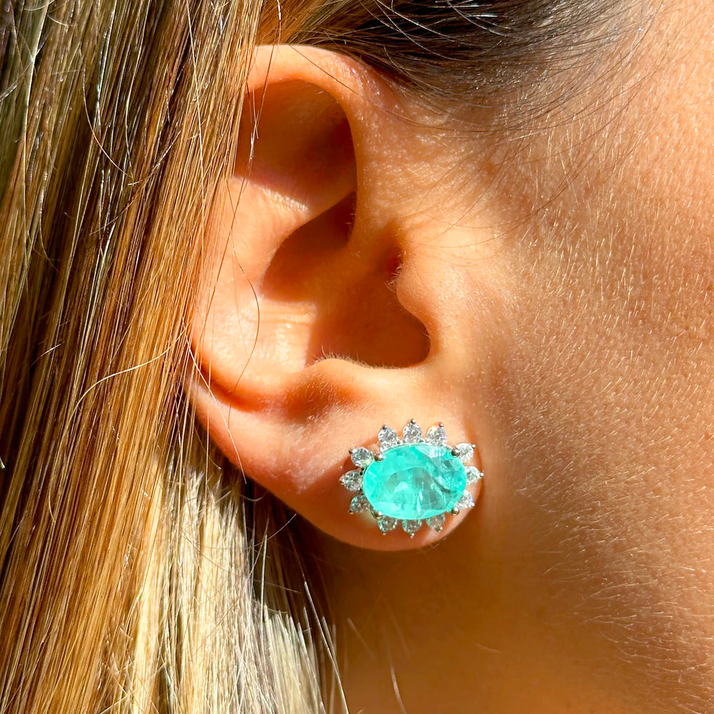 Woman wears Bright Oval Paraiba Tourmaline Fusion with white zirconia Statement Earrings, 925 Sterling Silver Elladora Store Australia
