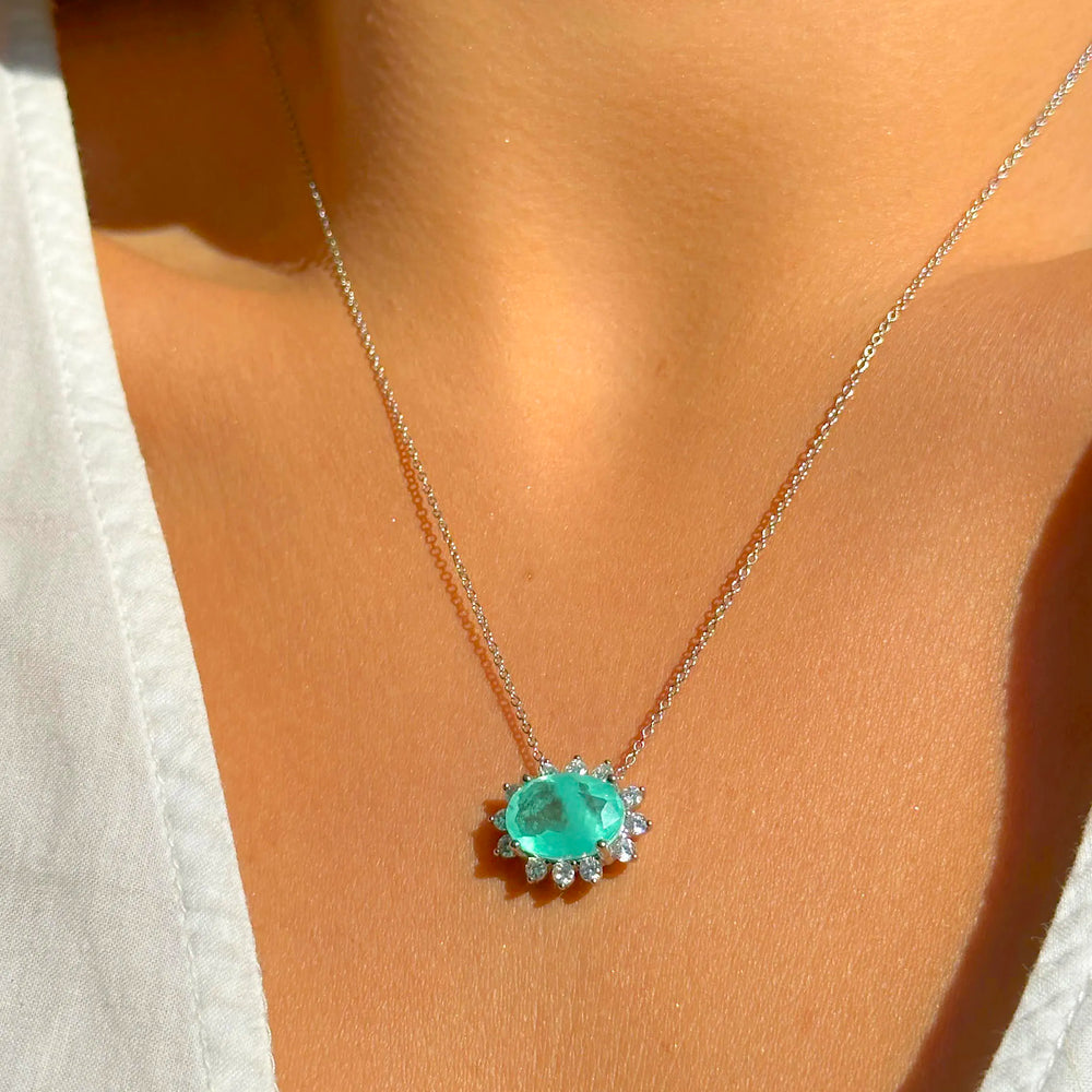 Woman wears Bright Oval Paraiba Tourmaline Fusion with white zirconia pendant Necklace with 50cm, 925 Sterling Silver Elladora Store Australia