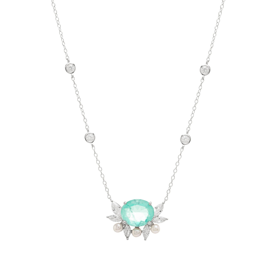 Bright Oval Paraiba Tourmaline Fusion & Pearl Necklace, 925 Sterling Silver