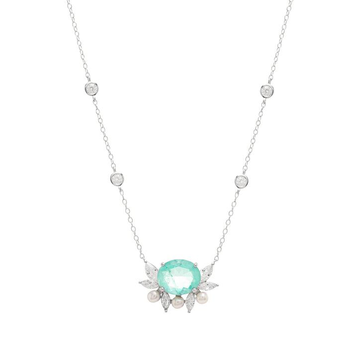 Bright Oval Paraiba Tourmaline Fusion & Pearl Necklace, 925 Sterling Silver