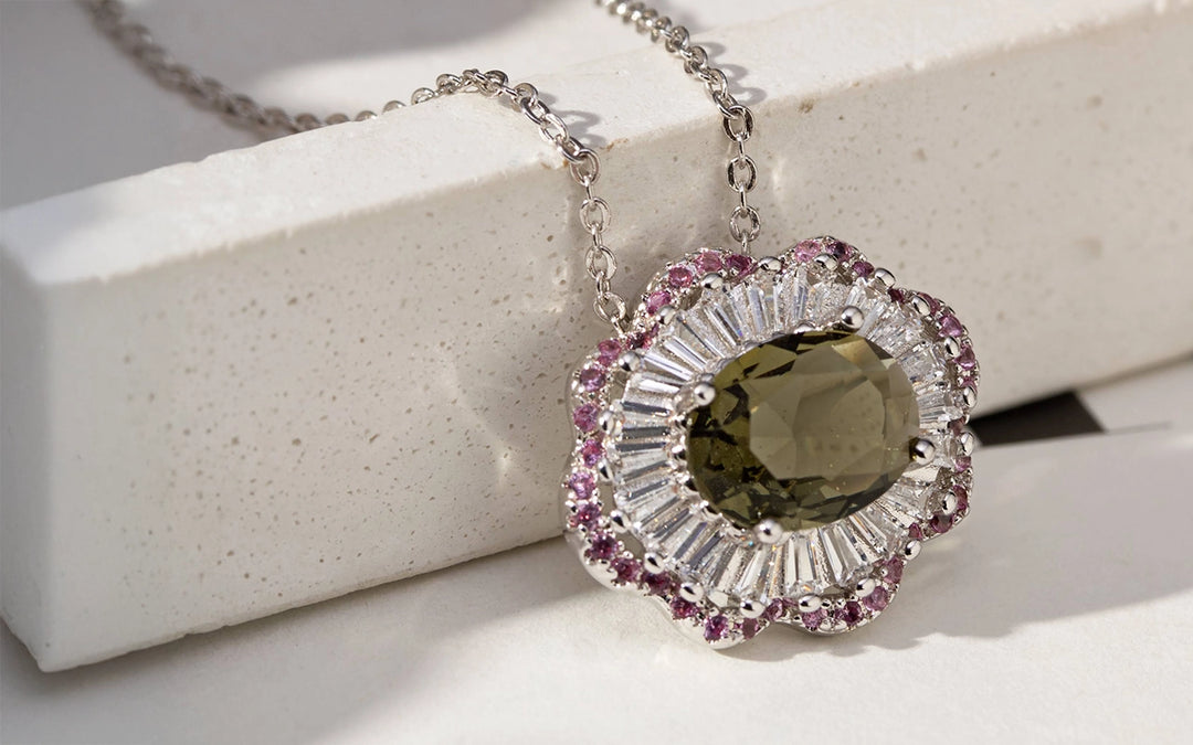 Bright Oval Peridot Crystal CZ Halo Pendant Necklace 55cm, Rhodium Plated