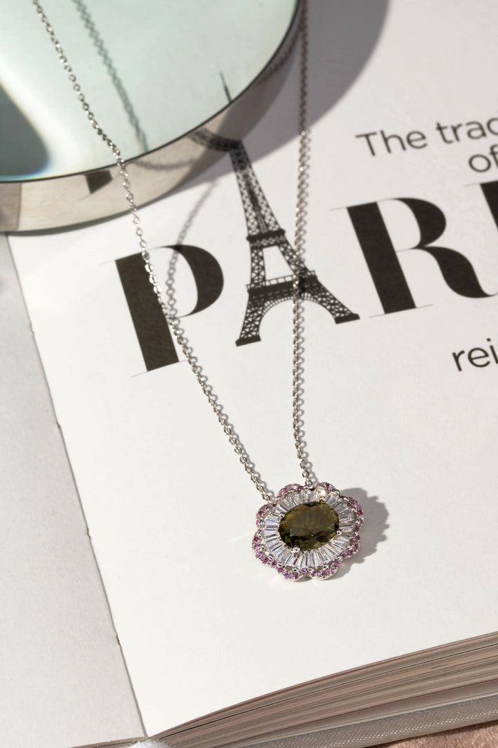 Bright Oval Peridot Crystal CZ Halo Pendant Necklace 55cm, Rhodium Plated